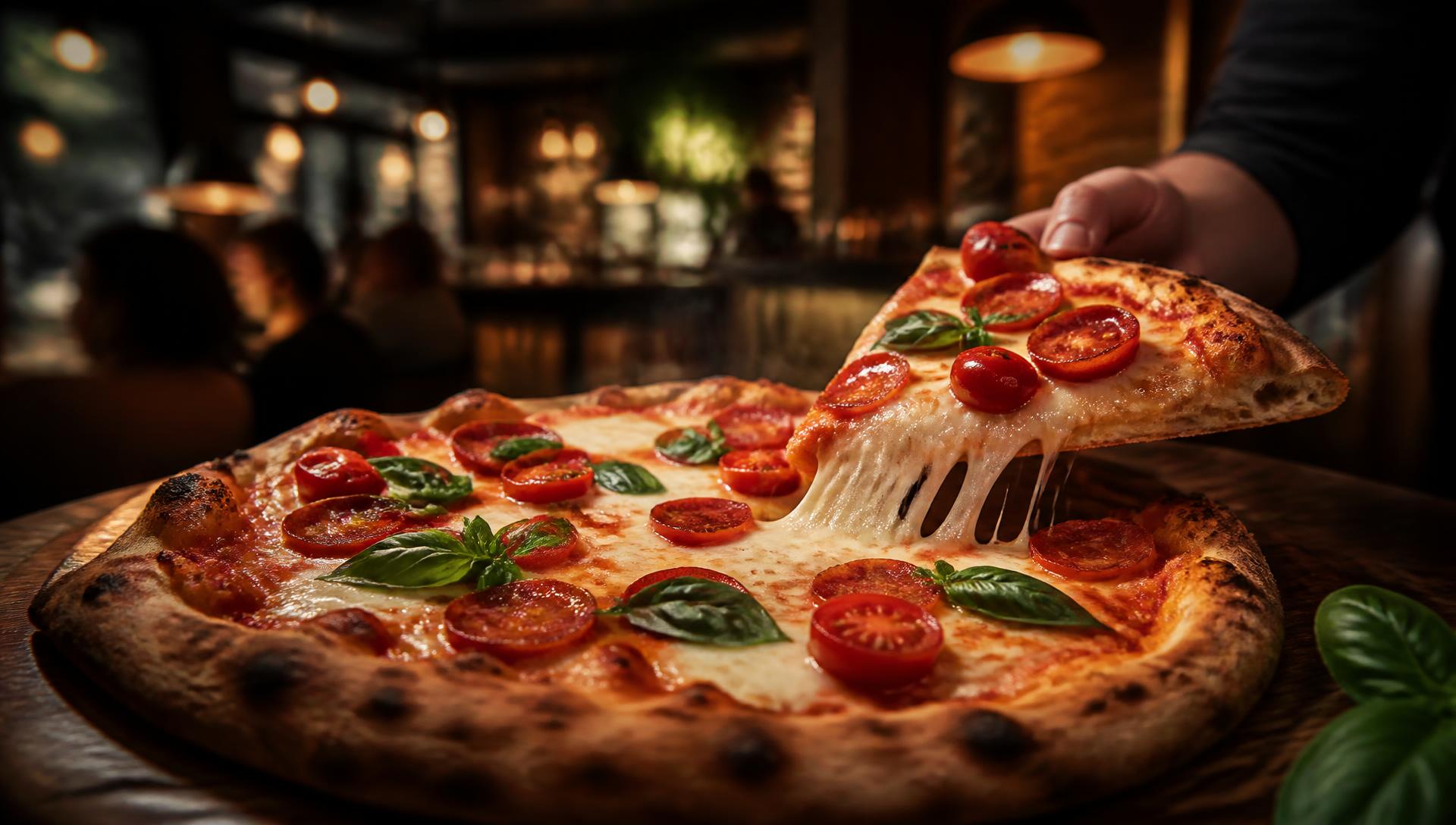 Pizza premium me djathë të shkrirë në ambientin e La Casa